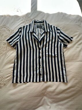 Reformation Navy & White Button Down T-shirt, XS (oversized)